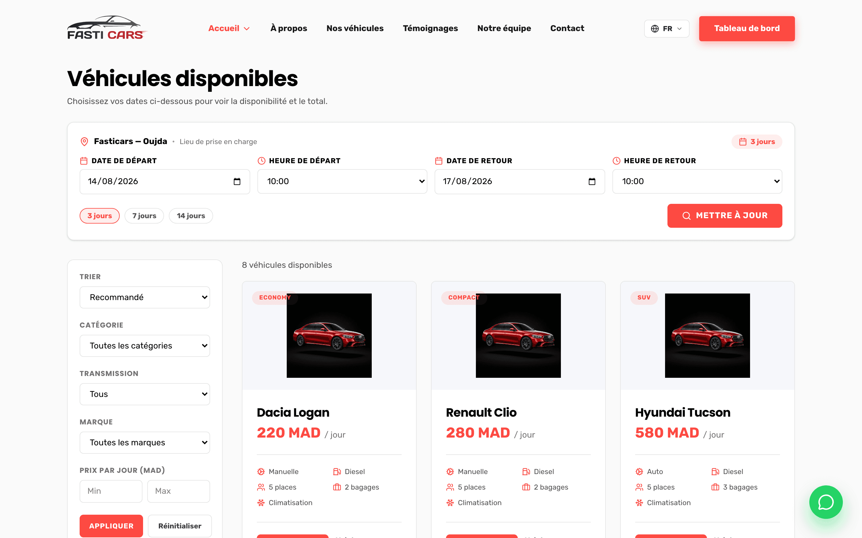 Le catalogue en ligne — filtres, prix de la période, disponibilité réelle